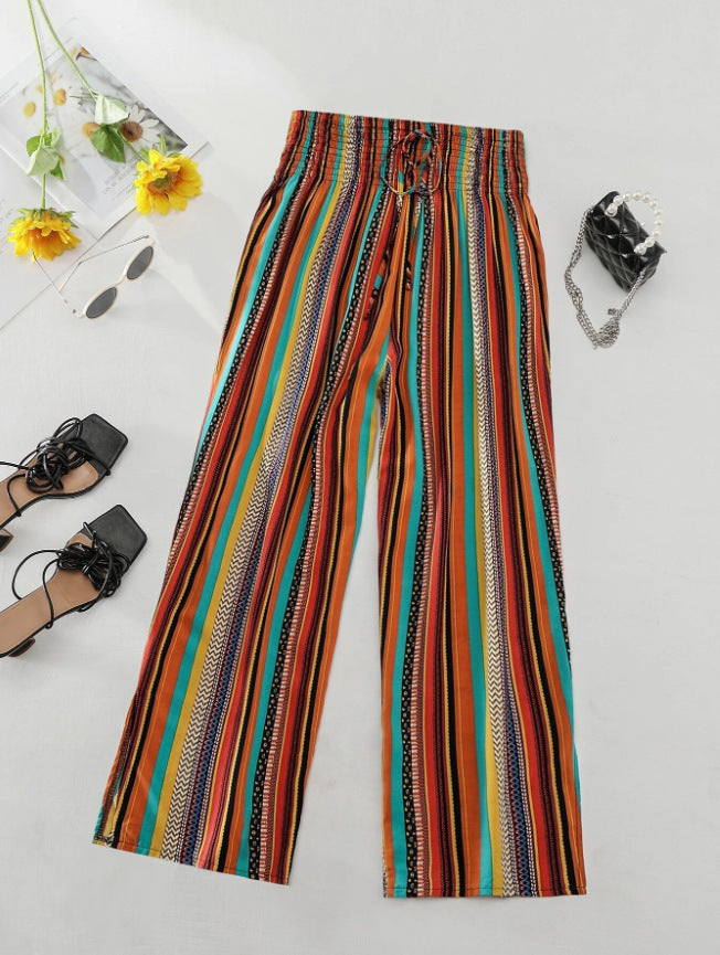 Ivyshape | Multi-Color Stripe Casual Pants with Tied Elastic Waist