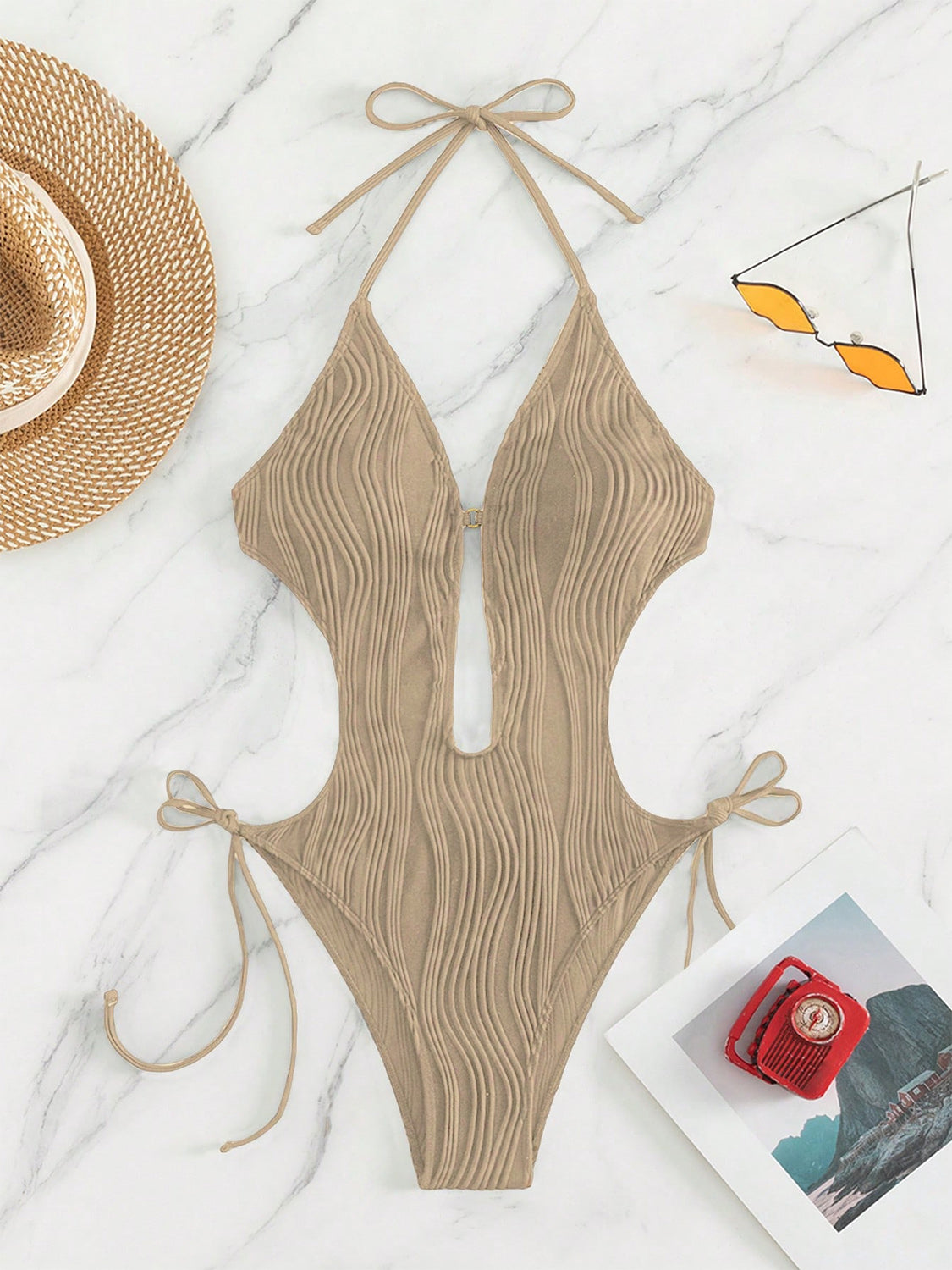 Ivyshape | Textured Cutout Tied One-Piece Swimwear