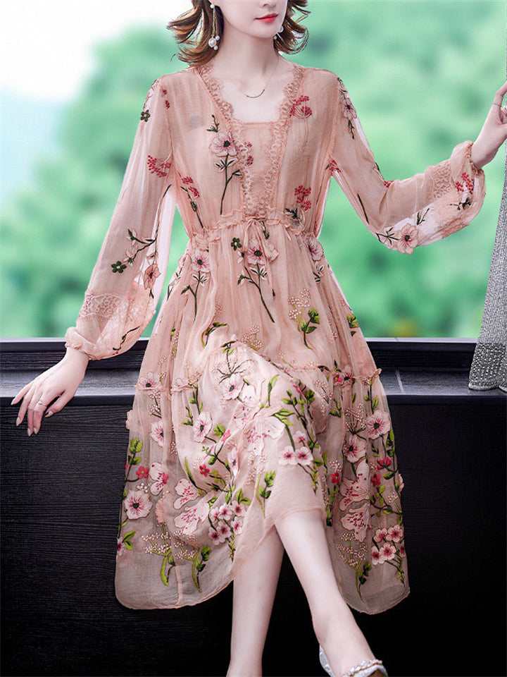 Women's Flowy Mulberry Silk Midi Dress with Floral Embroidery