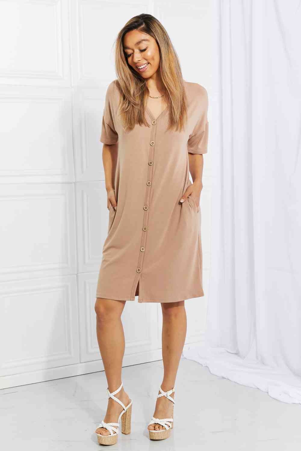 BOMBOM Sunday Brunch Button Down Knee-Length Dress in Natural