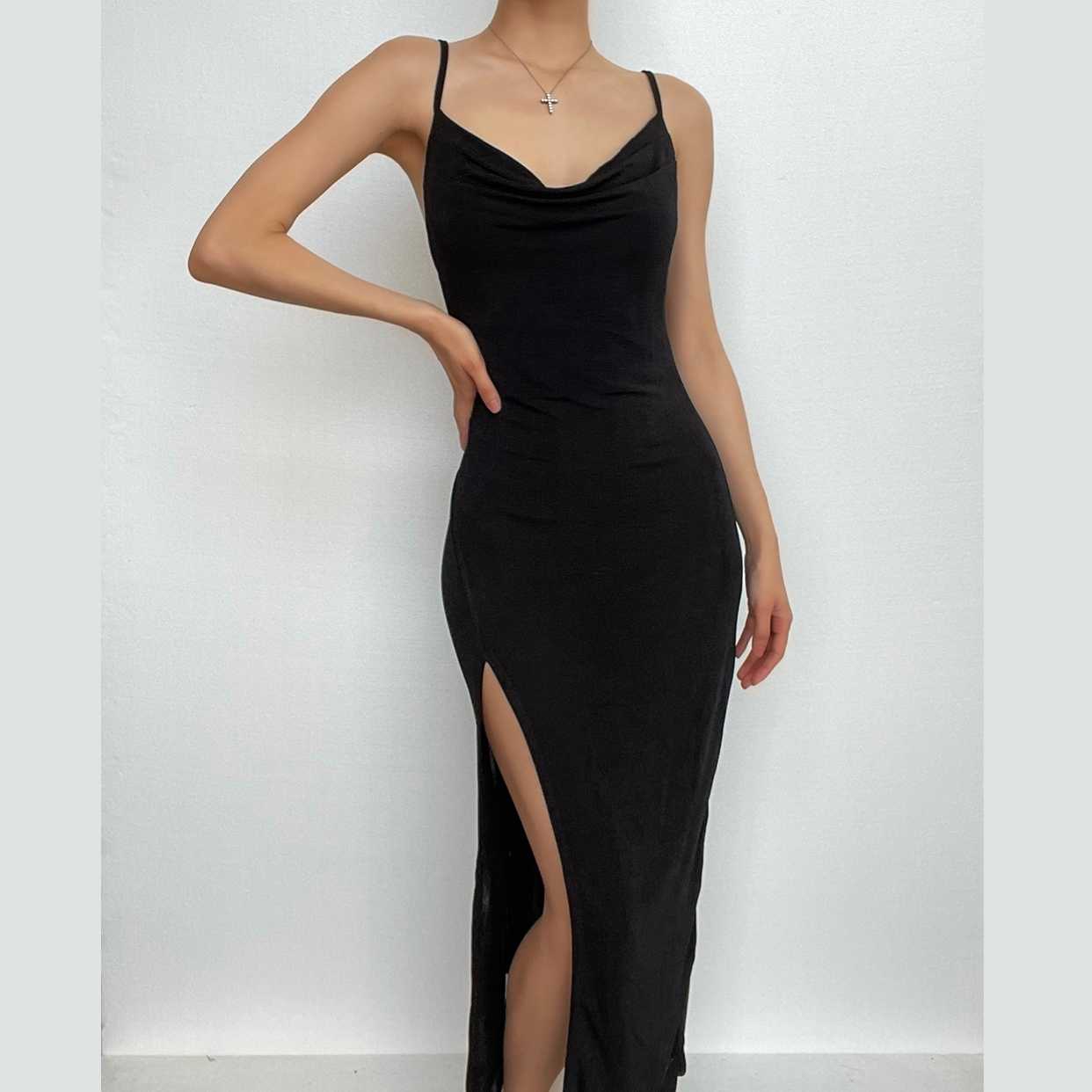 Cowl neck slit backless solid irregular cami midi dress