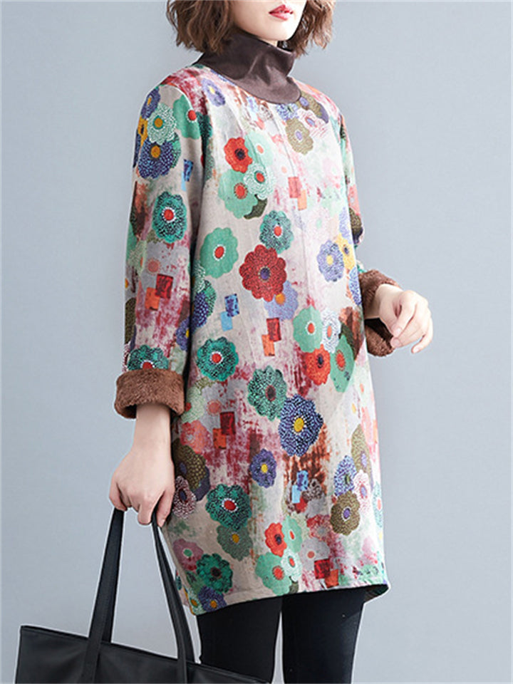 Colorful Flower High Neck Plush Liner Winter Dress