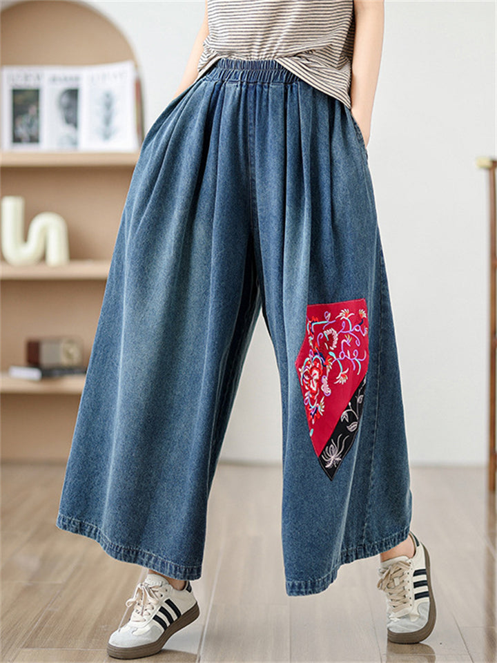 Ethnic Style Peony Patchwork Fashion Wide Leg Jeans for Women