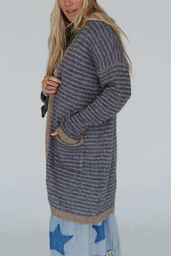 Ivyshape | Contrast Striped Loose Long-Sleeved Mid-Length Knitted Cardigan