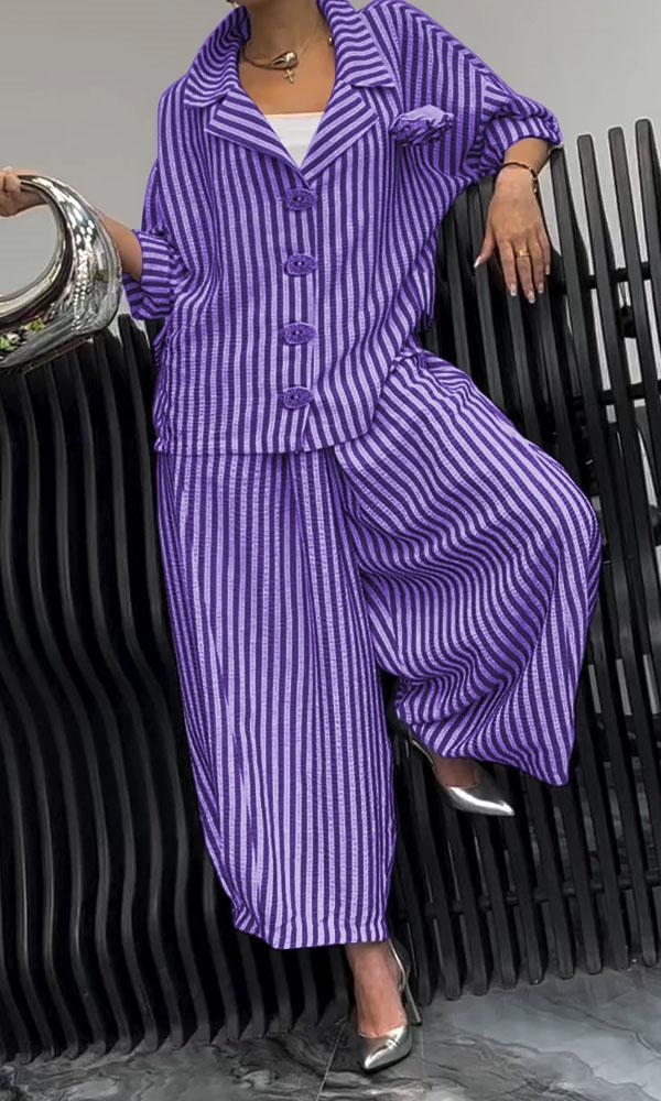 Ivyshape | Women's Comfortable Striped Top and Pants Two-Piece Set