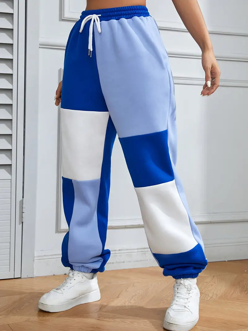 Ivyshape | Wide jogging pants with drawstring in color block