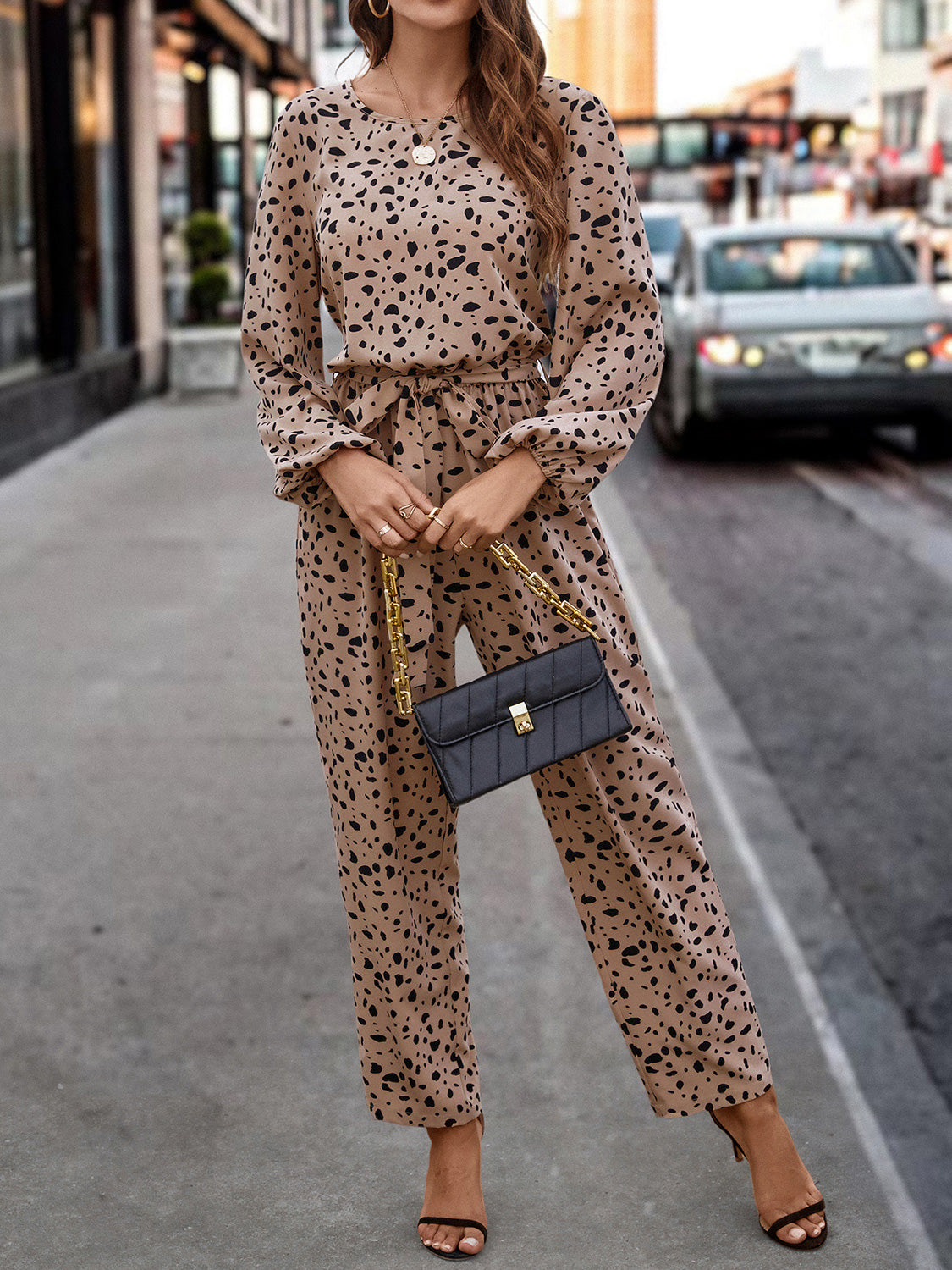 Ivyshape | Leopard Tie Front Balloon Sleeve Jumpsuit