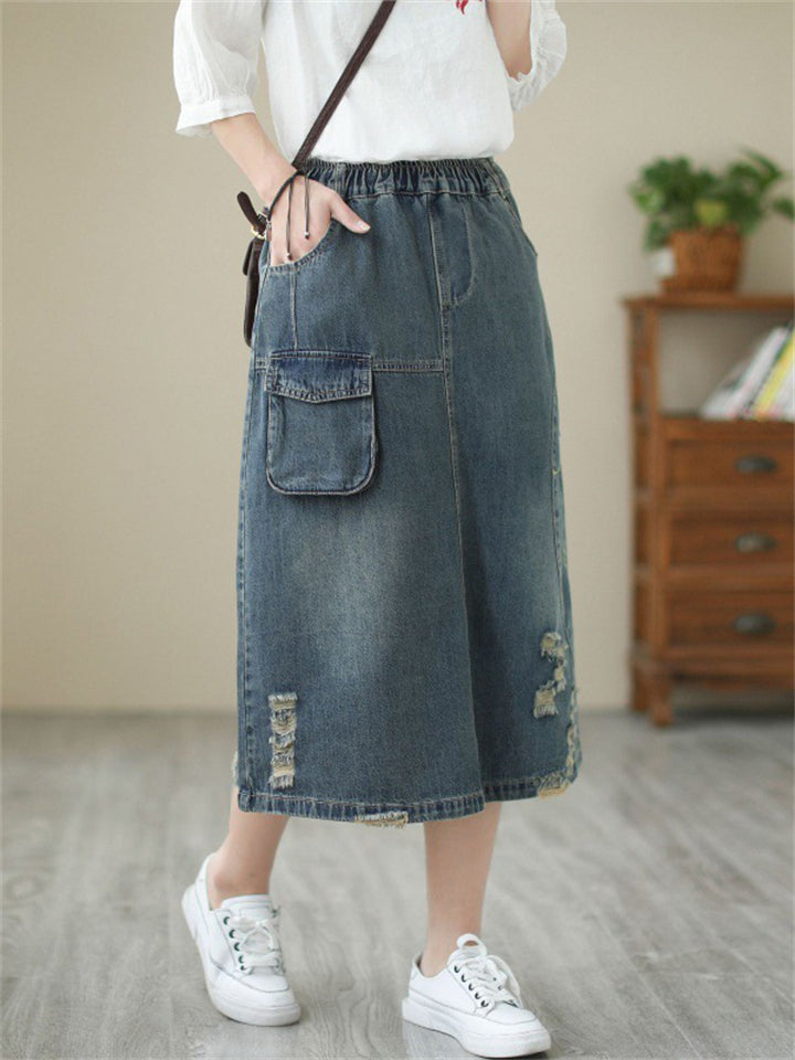 Ladies Floral Embroidered Ripped Vintage Denim Skirt