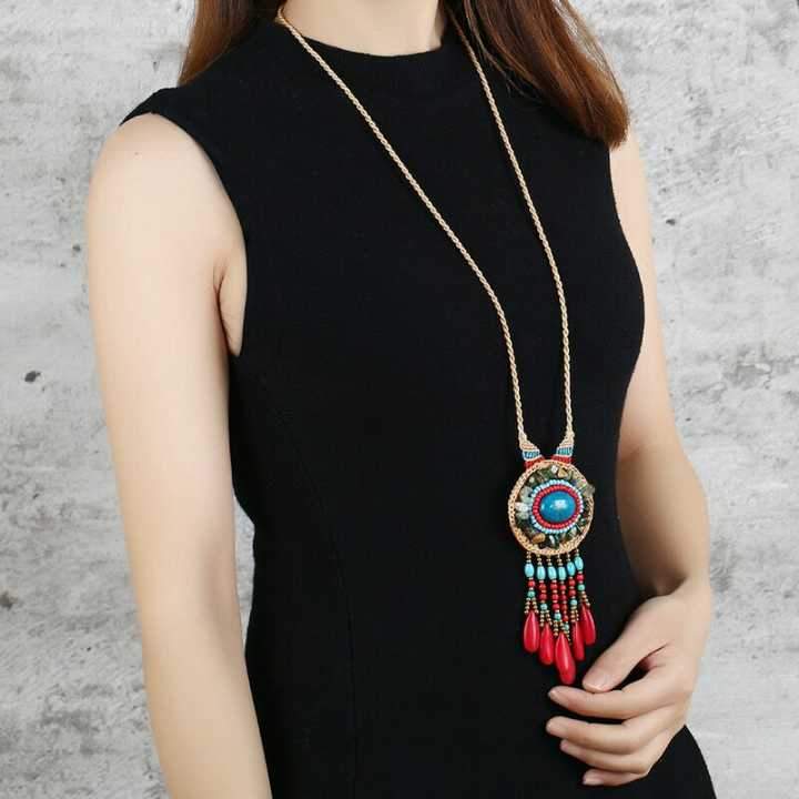 woven Folk Style Tibet Turquoise Spike Long Necklace