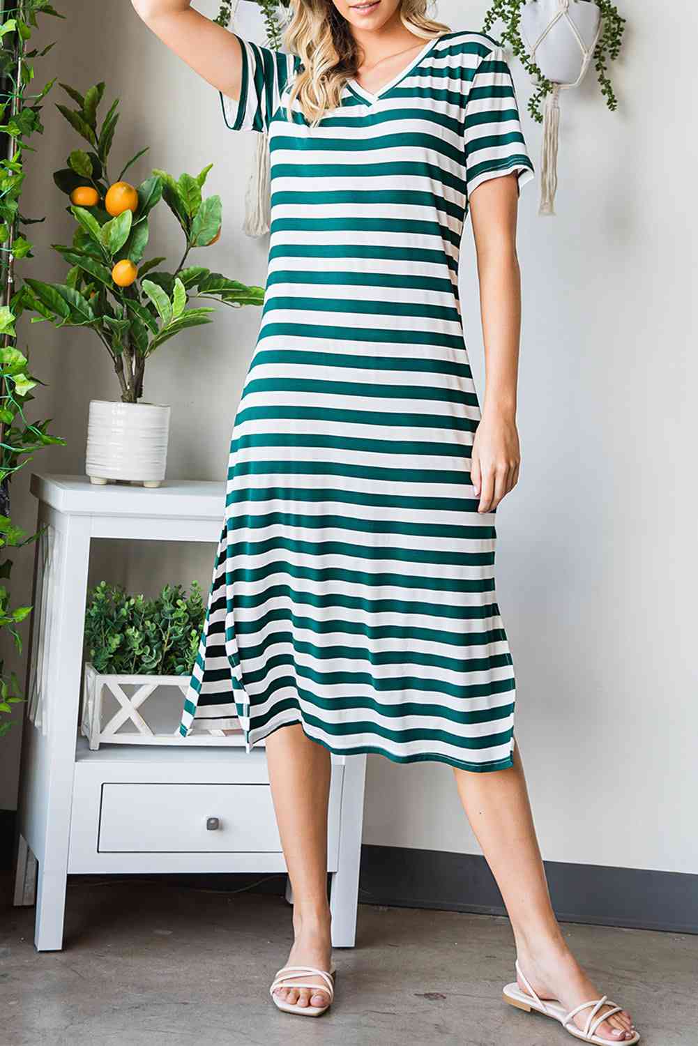 Striped V-Neck Short Sleeve Side Slit Dress