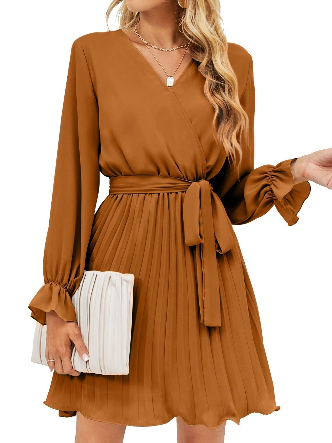 Ivyshape | Surplice Flounce Sleeve Pleated Mini Dress