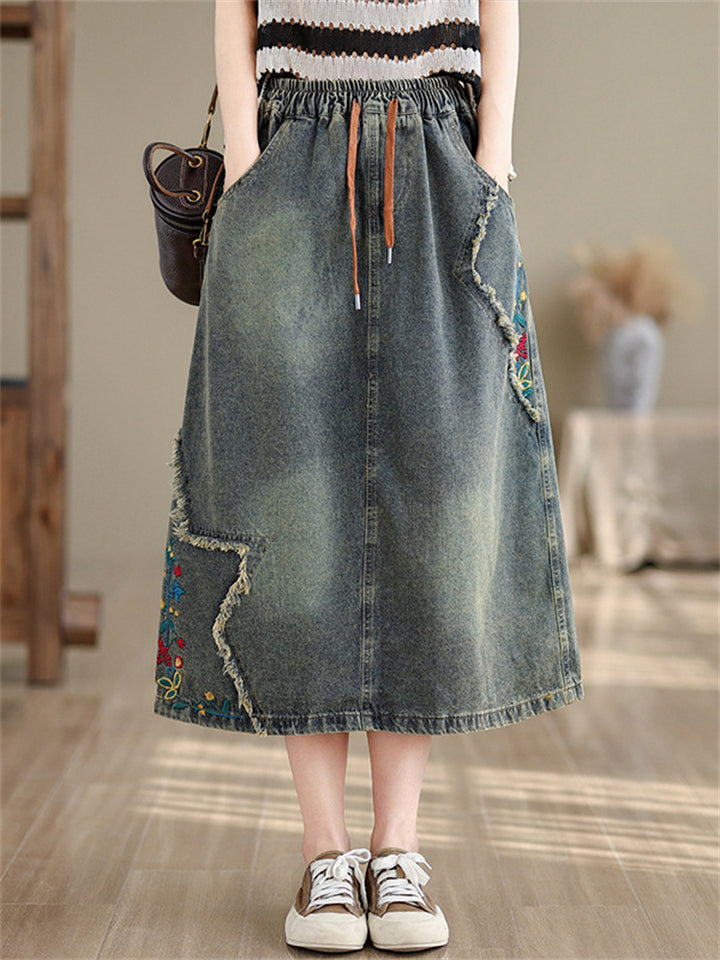 Ladies Floral Embroidered Lace-Up A-Line Denim Skirts