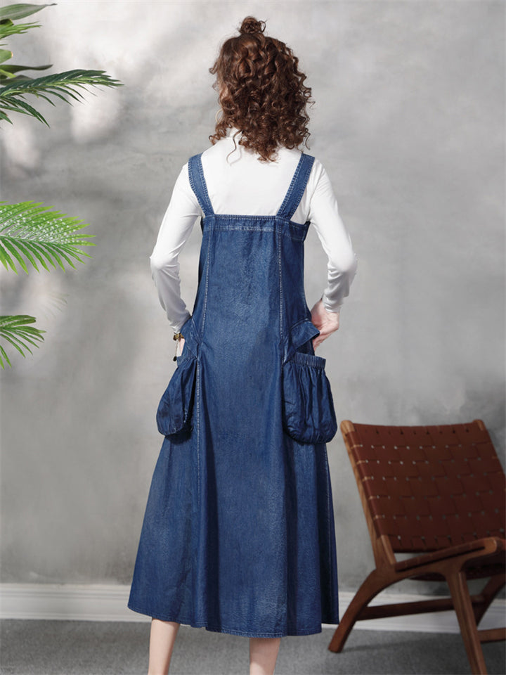 Stylish Blue Denim A-Line Dungaree Dress