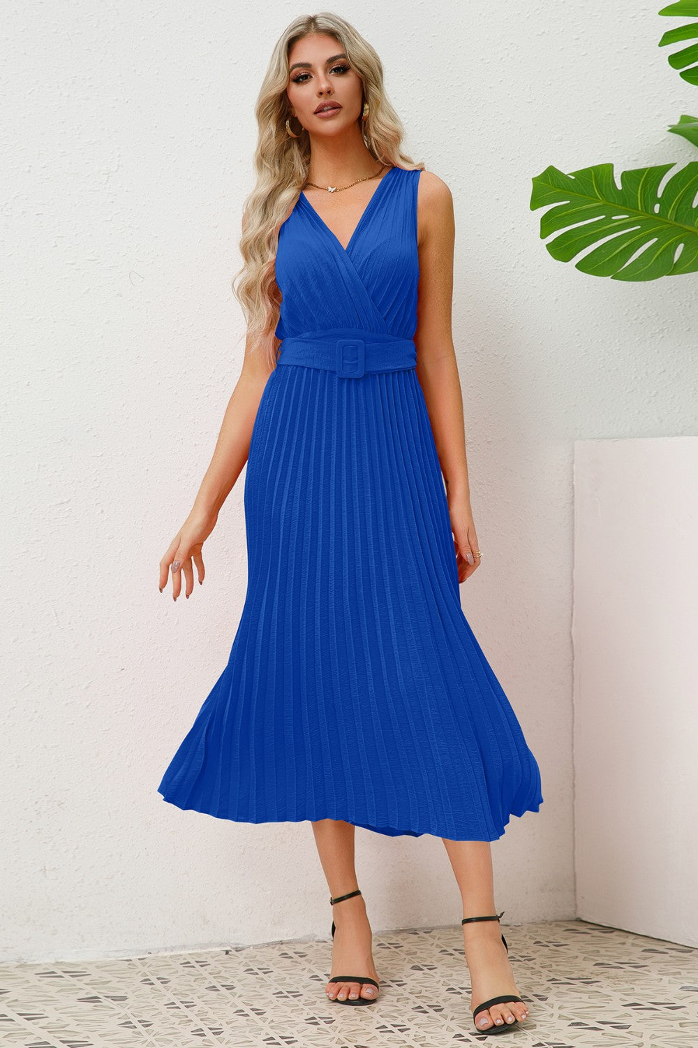 Ivyshape | Surplice Sleeveless Midi Pleated Dress