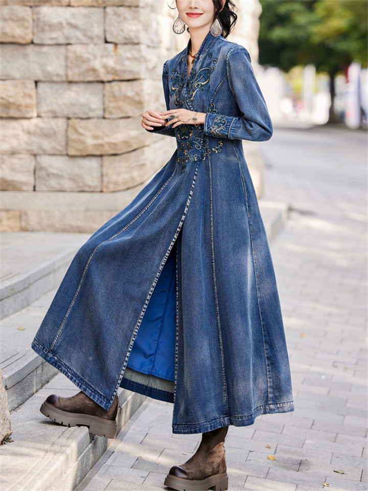 Ladies Vintage Embroidery V-Neck Side Slit Denim Dress