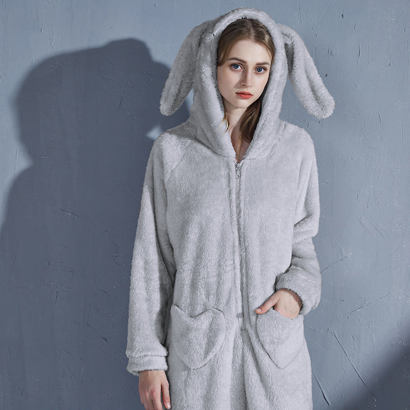 Ivyshape | Women's Bunny Ears Zipped Pajama Heart Pocket