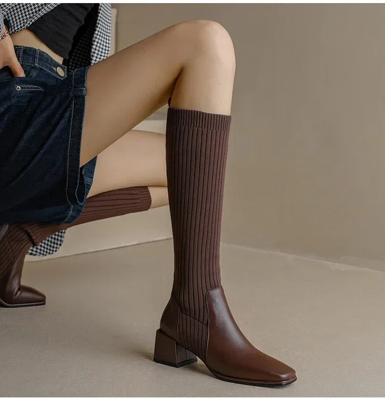 Ivyshape | Knee High Trendy Sock Leather Boots