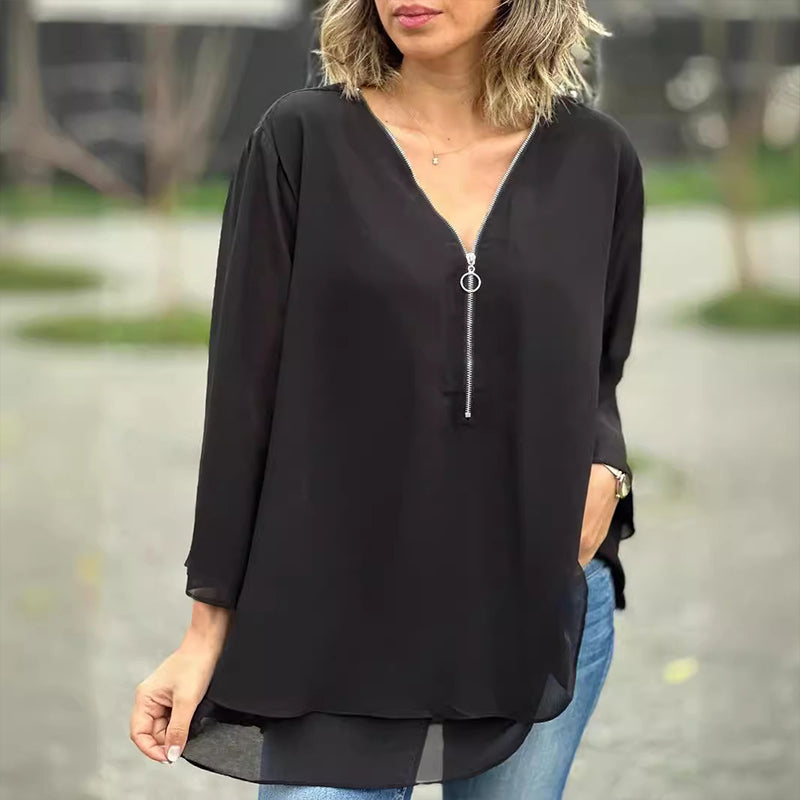 Ivyshape | V-Neck Flowy Zipper Top