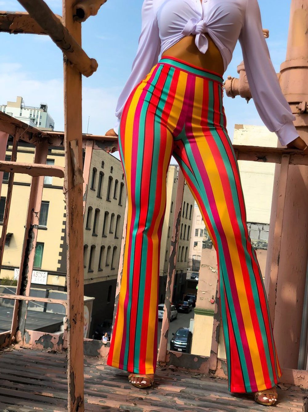 Striped Casual Long Pants Flared Trousers