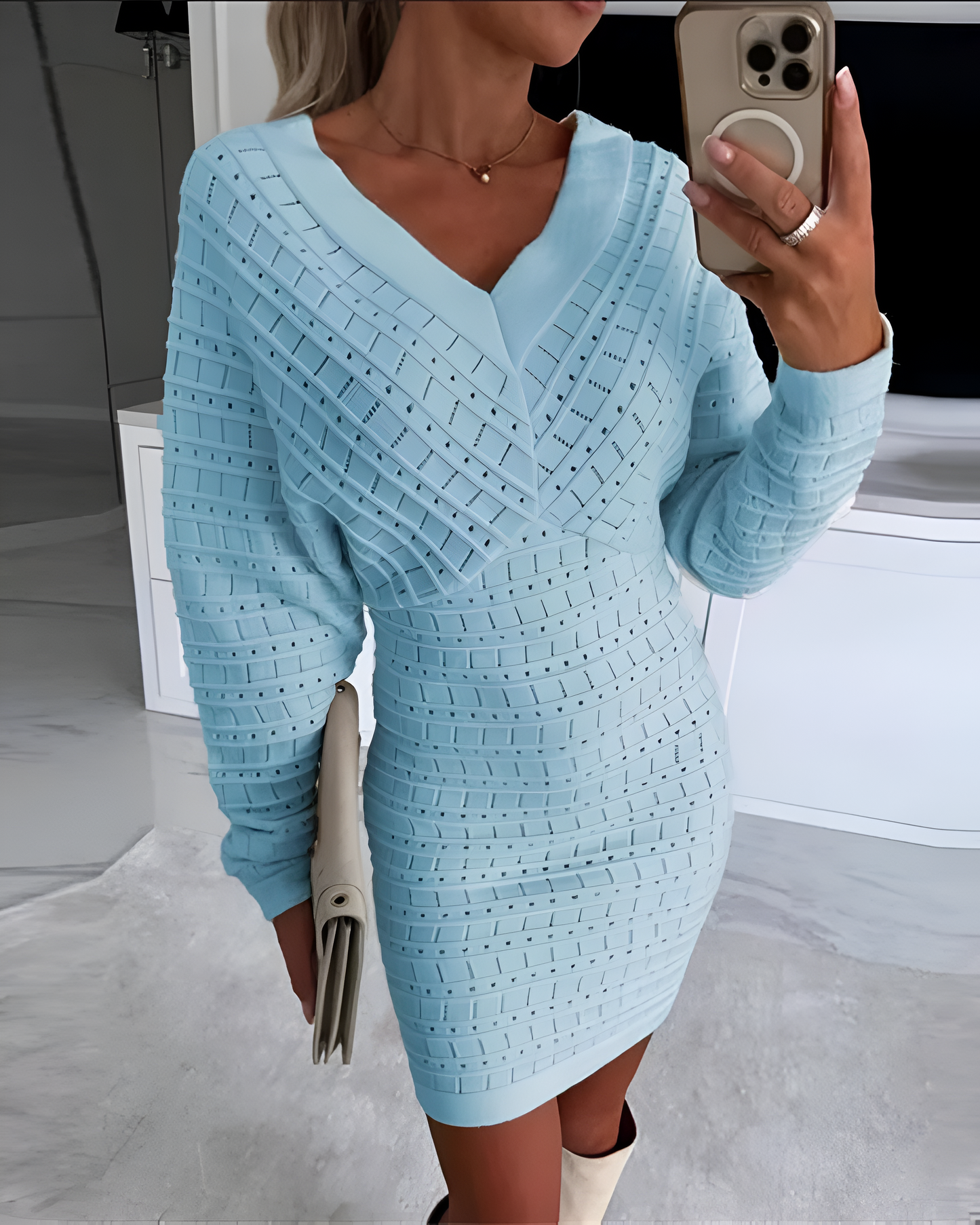 Ivyshape | Knitted V-Neck Long Sleeve Dress