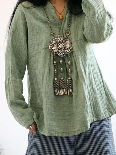 Color Long Sleeve Linen Cotton Loose Tops Blouse