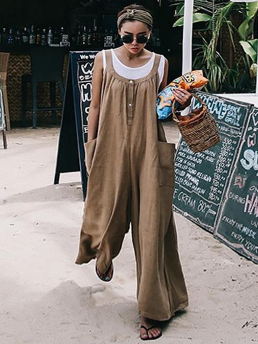 Cotton Loose Casual Pockets Jumpsuit