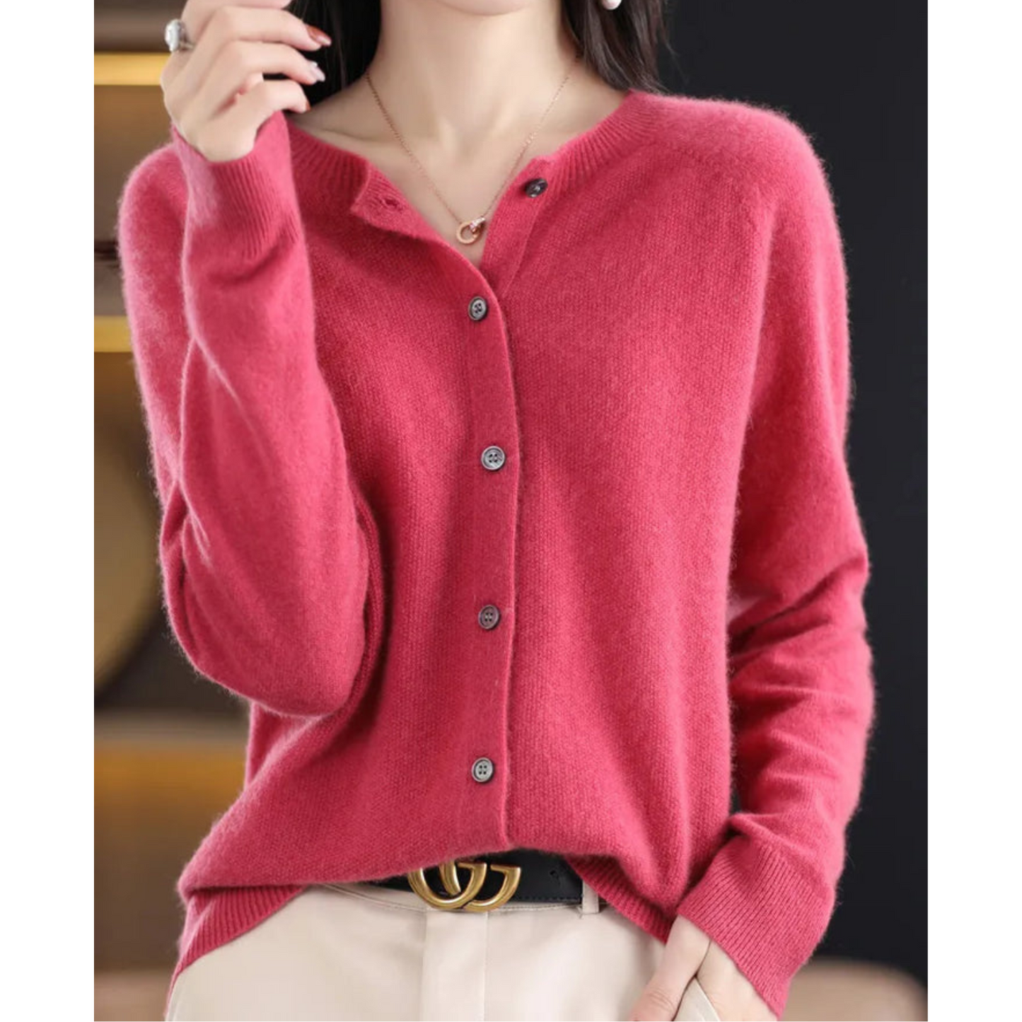 Ivyshape | Women’s cardigan with O-neck made of 100% pure merino wool, cashmere sweater
