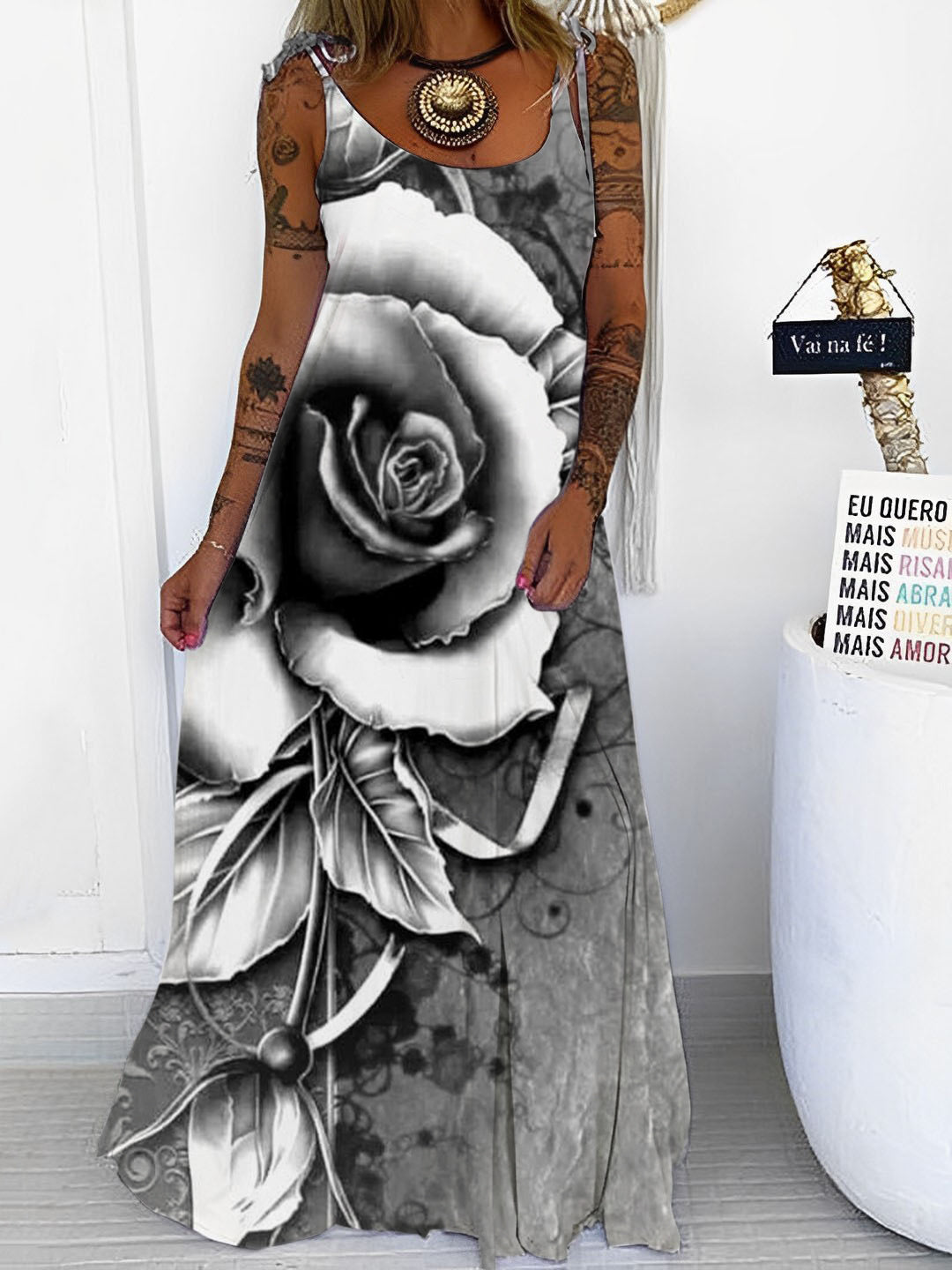 Dark Rose Print Punk Spaghetti Maxi Dress