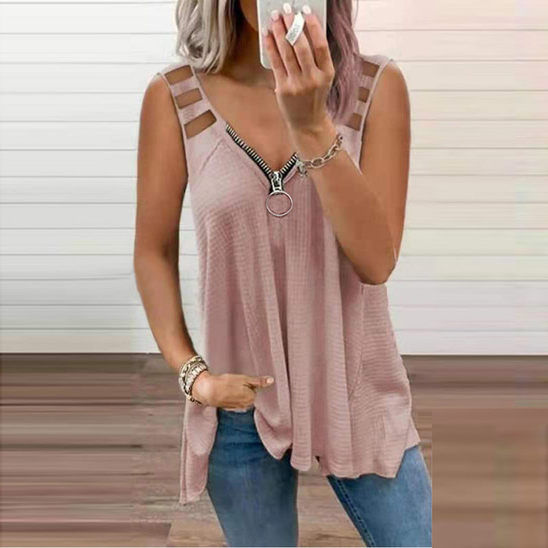 Ivyshape | Women's Zipper V Neck Top Stylish