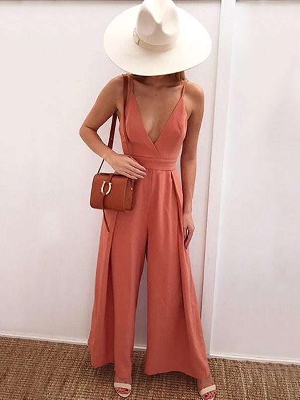 Sexy Spaghetti Strap Solid Color Wide Leg Pants Jumpsuit Rompers