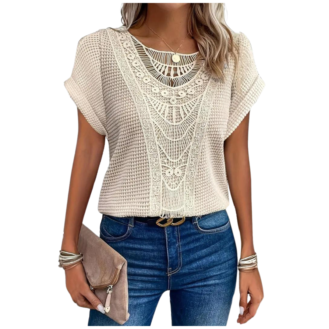 Ivyshape | Short Sleeve Top Casual Lace with Round Neck