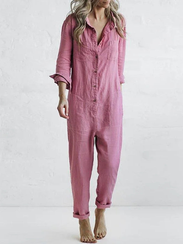 Ivyshape | Beatrix Button-up, Casual Long Sleeve Jumpsuit with Revers Pocket [Last Day Discount]