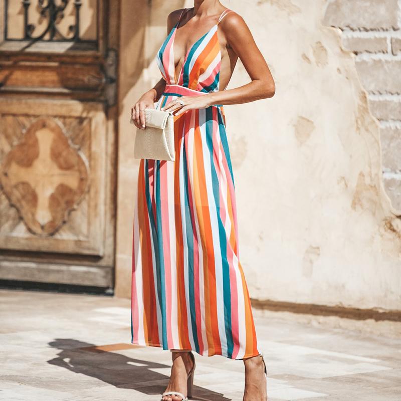 Striped Print V Neck Backless Sexy Long Dress