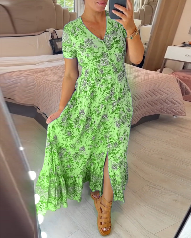 Summer Floral Long Dress with V-Neckline | Ideal for Summer