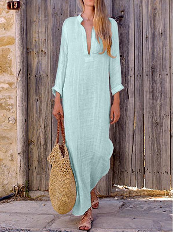 Color V Neck Long Sleeve Casual Maxi Dress