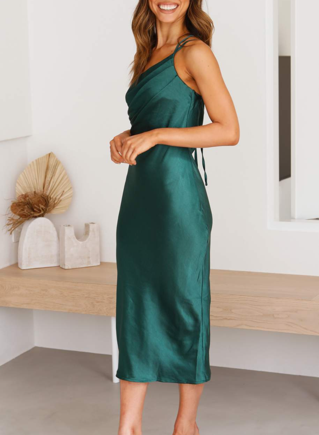 Ivyshape | Women's Midi Dress Asymmetrical in Satin with Open Back