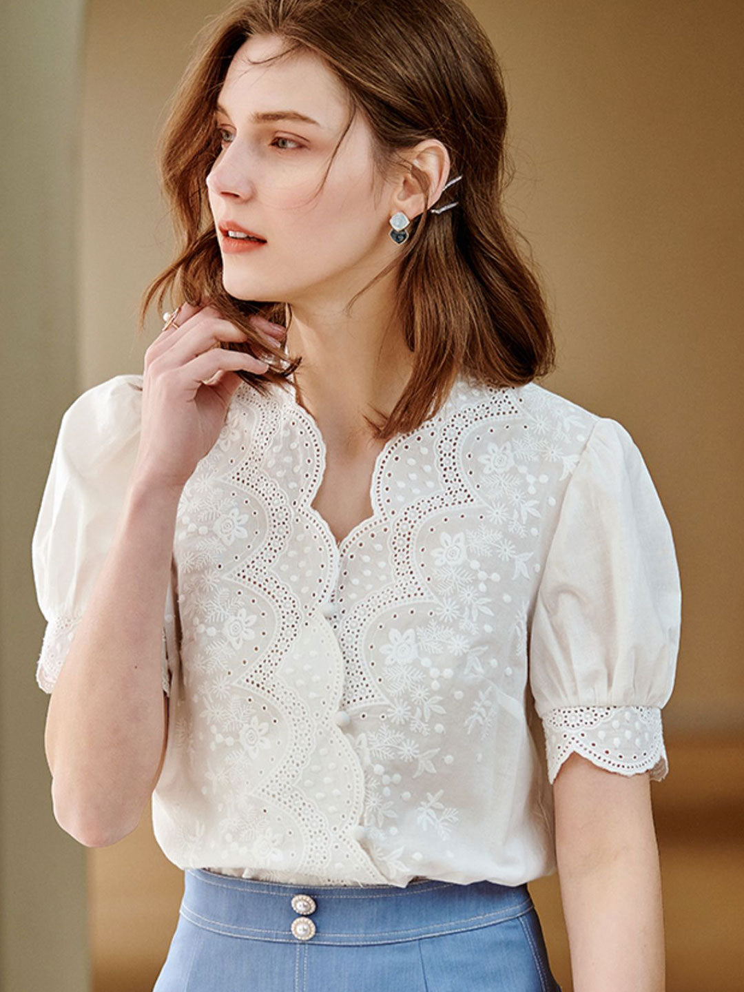 V-neck Embroidered Chiffon Shirt