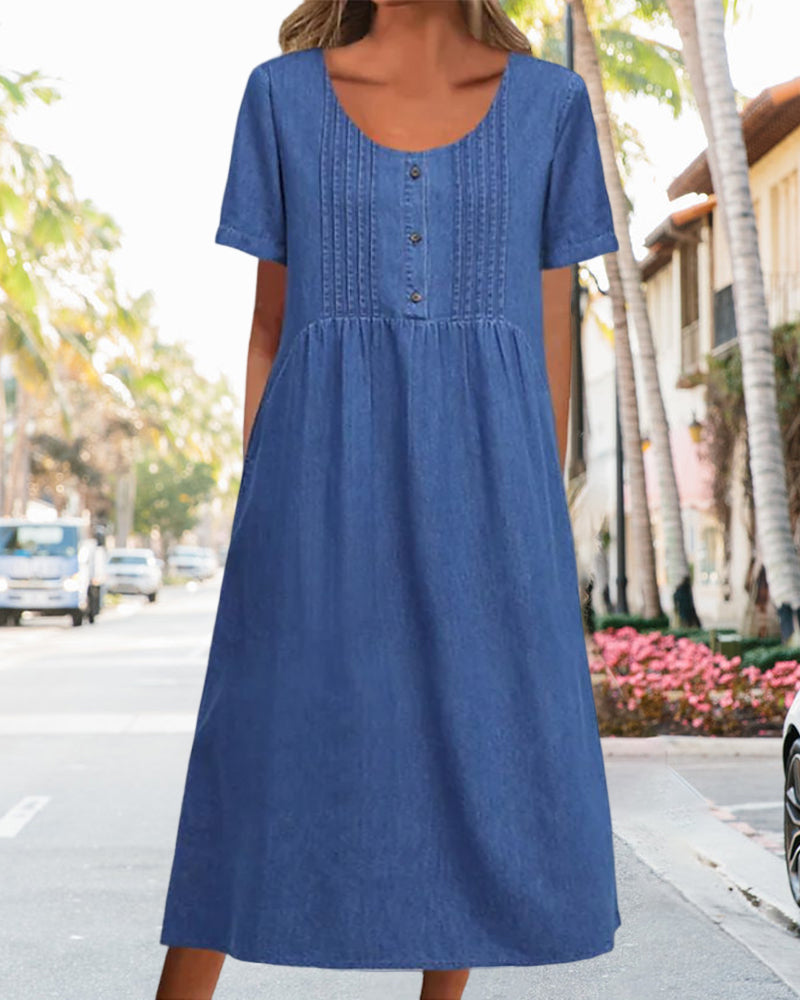 Summer Denim Midi Dress with Short Sleeves | Ideal for Summer