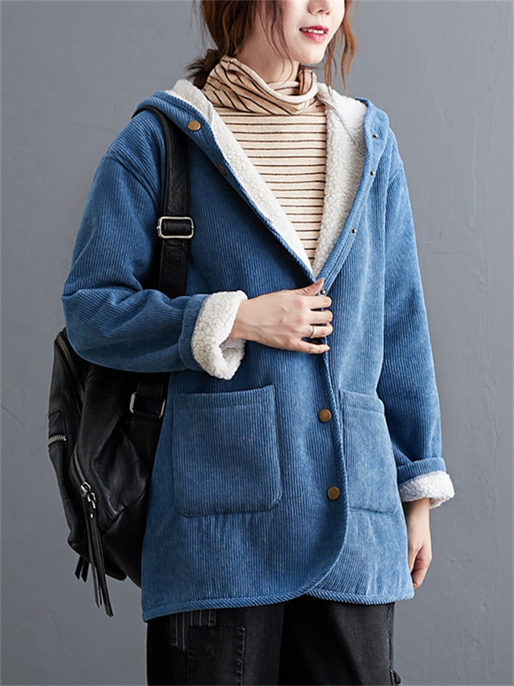 Winter Keep Warm Plush Lining Corduroy Hooded Coat