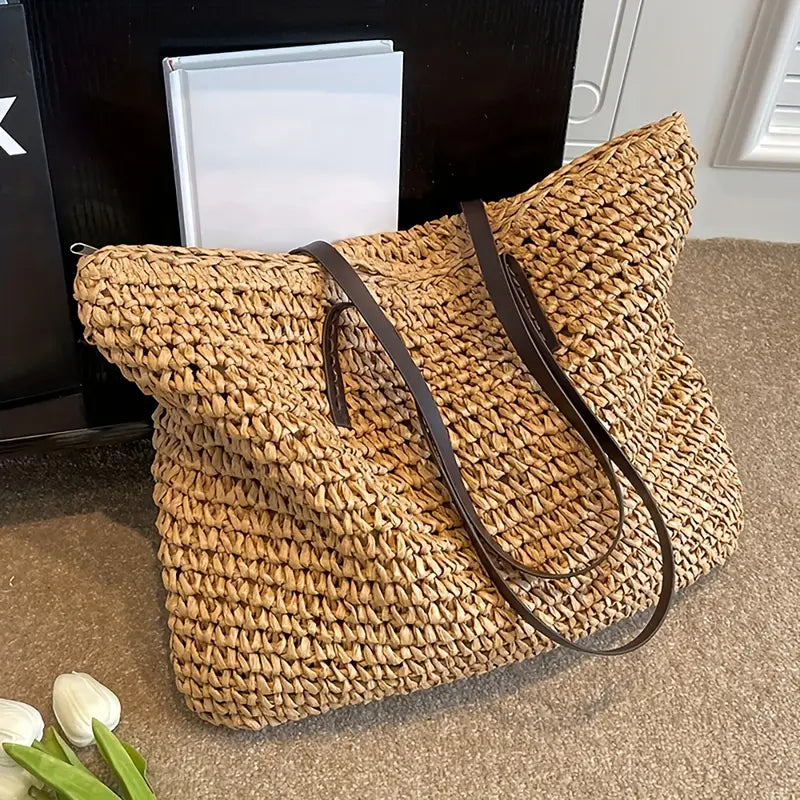 Ivyshape | Large Woven Tote Bag in Bohemian Beachy Style