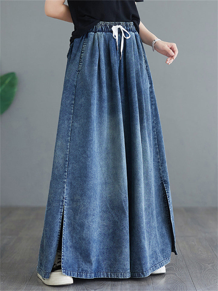 Cozy Summer Side Slit Blue Wide Leg Jeans for Women