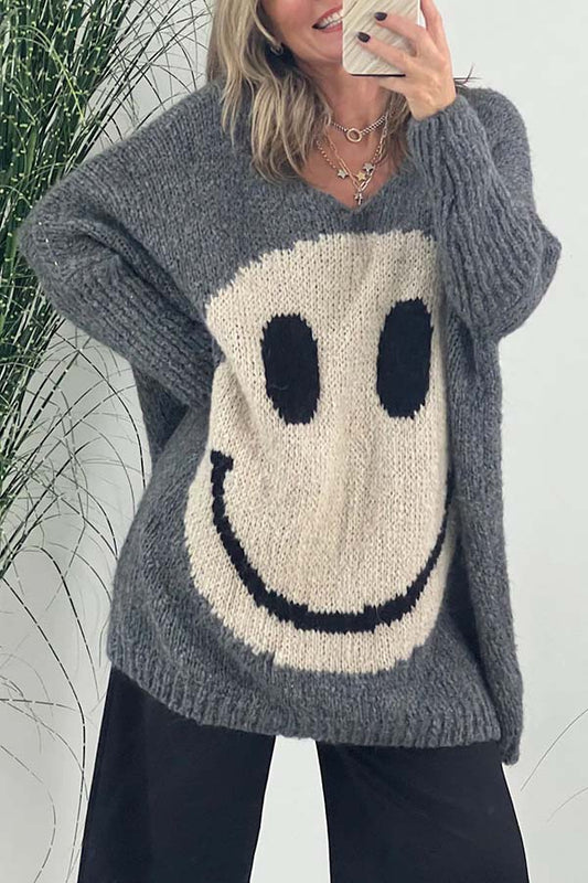 Ivyshape | Is Everything Knit Smiley Face Long Sleeved Sweater