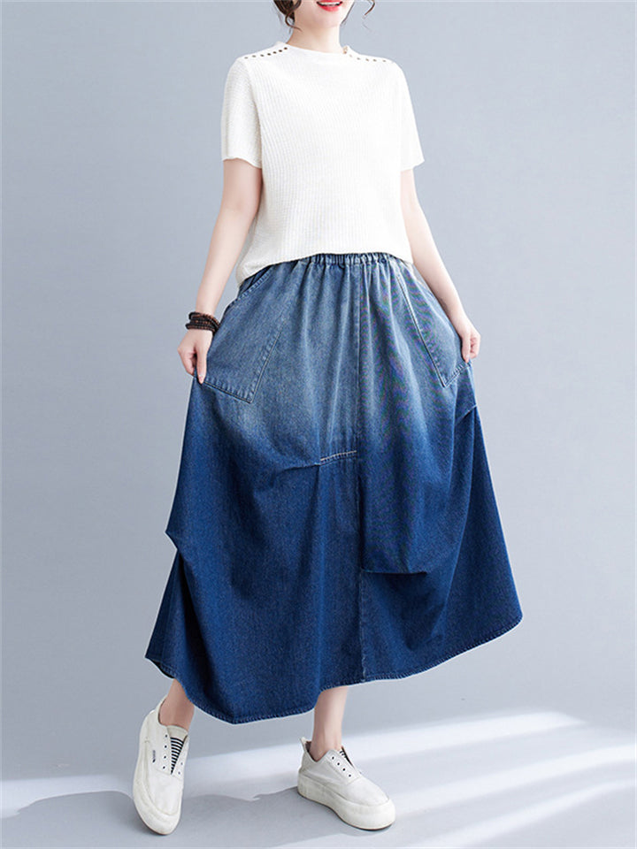 Women's Gradient Color Elastic Waist A-line Denim Skirts