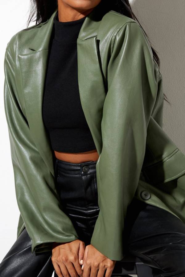 Ivyshape | Oversized Faux Leather Blazer