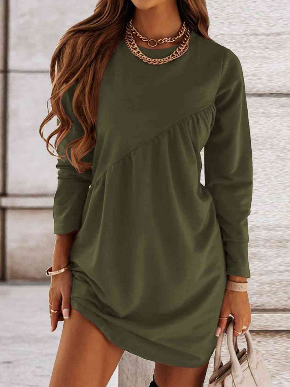 Ruched Round Neck Long Sleeve Dress