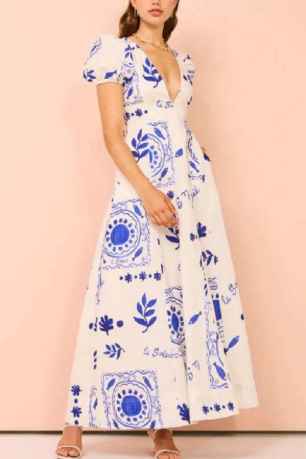 Ivyshape | The Glamour Linen Blend Unique Print Puff Sleeve Pocketed Maxi Dress