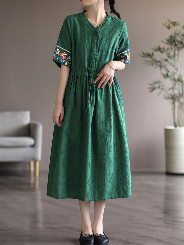 V-Neck Embroidered Short Sleeve Dresses