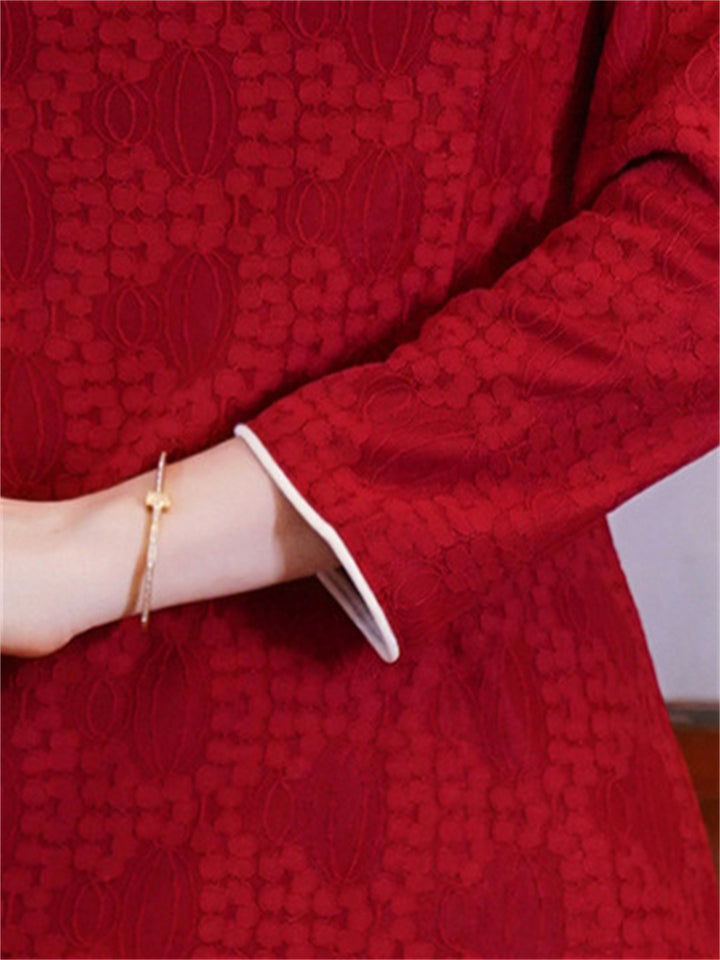 Chinese Style Wine Red Knee Length Jacquard Qipao