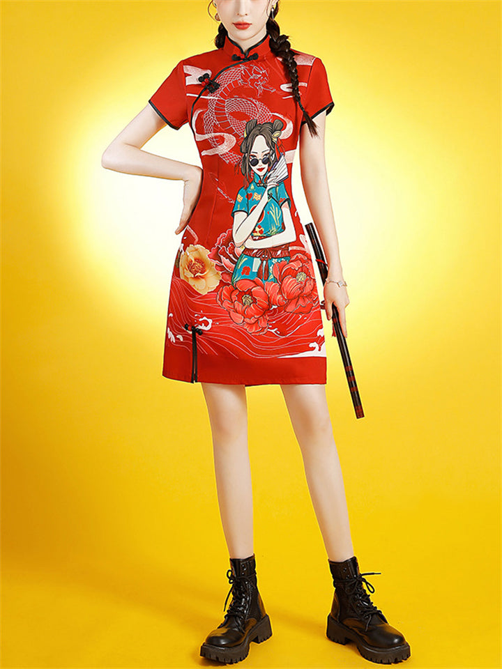 Side Slit Qipao with Peony Loong Print