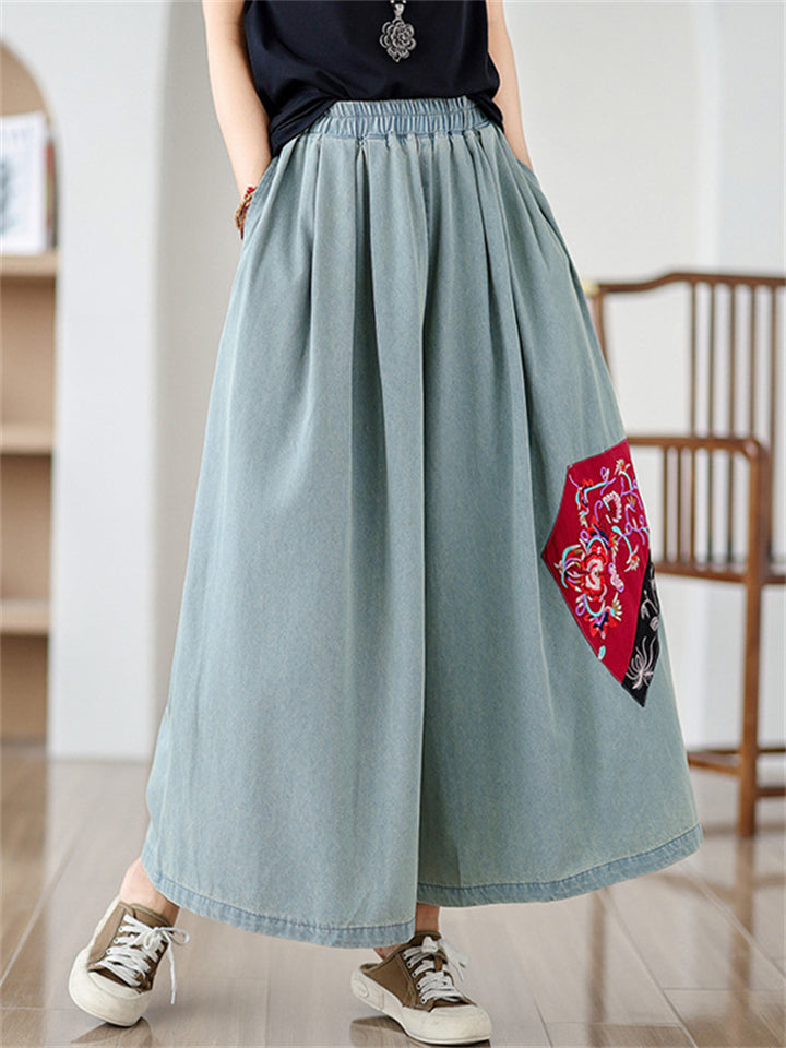 Ethnic Style Peony Patchwork Fashion Wide Leg Jeans for Women